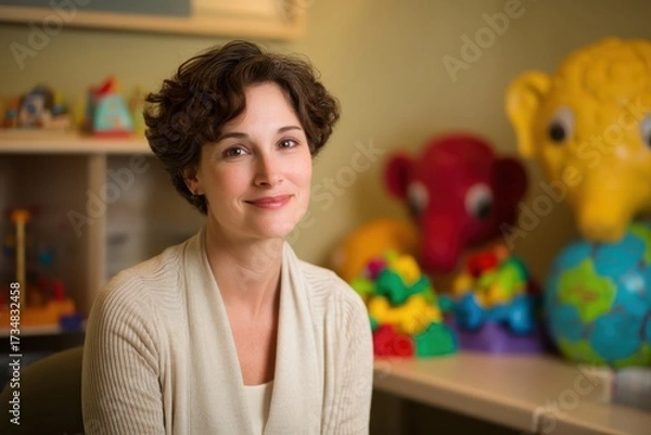 Obraz Smiling woman with short curly hair wearing a cream sweater sits in a playful room surrounded by brightly colored toys, including a globe and animal figures. Shelves in the background