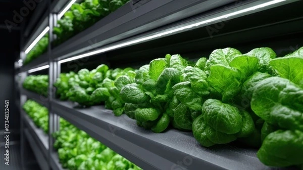 Obraz Lush green lettuce growing under bright lights on stacked shelves, showcasing a modern indoor farming setting. The vibrant leaves appear fresh and healthy, emphasizing sustainability