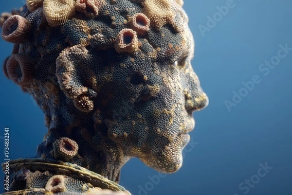 Obraz A side profile of a humanoid figure resembling coral with textured patterns and various-sized circular formations, set against a soft gradient background with cool tones