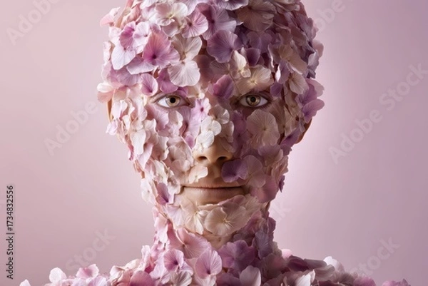 Obraz A human face covered entirely with pink and purple flower petals, creating an artistic and surreal appearance. Petals overlap, concealing features while allowing eyes to be visible