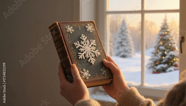Fototapeta Hands holding closed old book with snowflake cover near window with snow and Christmas tree (copy space)