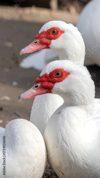 Obraz Two white ducks with red beaks