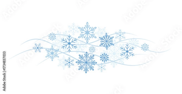 Fototapeta Snowflakes border wave. Christmas and New Year pattern for background. Design element for holiday greetings, invitation, banner, poster. Isolated blue silhouette. Vector
