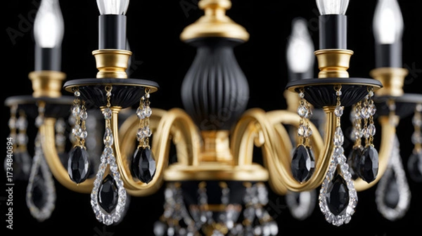 Fototapeta Elegant chandelier with black and crystal accents illuminated against a dark background