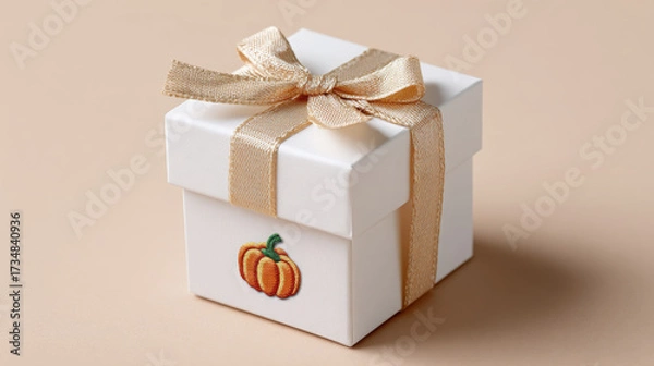 Fototapeta Small white gift box tied with a golden ribbon and adorned with a pumpkin design on a clean surface