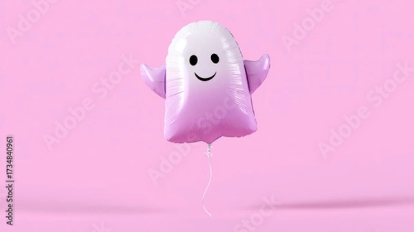 Fototapeta Colorful ghost balloon floating against a pink background, adding a playful touch to festive occasions