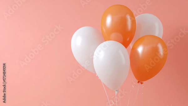 Fototapeta Colorful balloons in shades of orange and white against a soft pink background for festive occasions, space for text