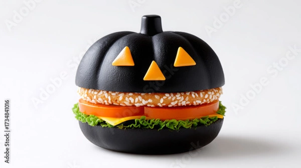Fototapeta Halloween-themed black burger with sesame bun and pumpkin design served on a clean white background