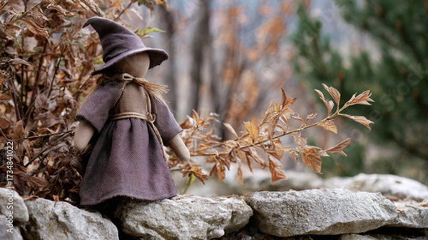 Fototapeta Small handmade doll in a witch outfit stands on a stone wall surrounded by autumn leaves in a serene outdoor setting