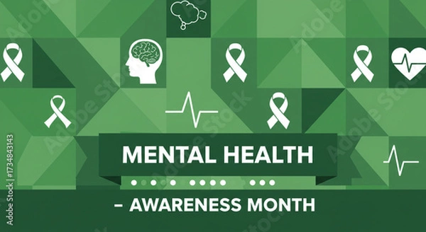 Obraz Promoting vital mental health awareness month with supportive green ribbons, brain illustrations, and caring heart symbols for global well-being initiatives and community support