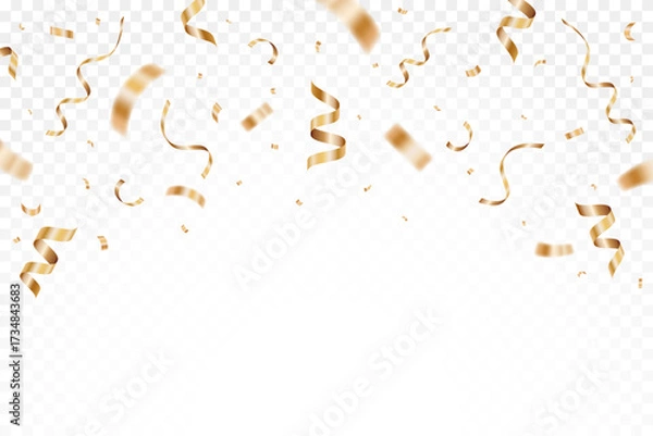 Fototapeta Gold confetti celebration party isolated on a transparent background. Falling golden ribbon for carnival, New Year, birthday and festival. Confetti explosion on white backdrop. Vector illustration