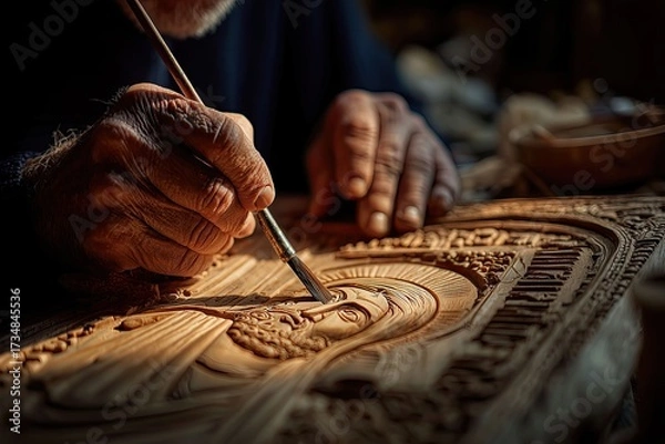 Fototapeta Elderly Woodcarver with Icon