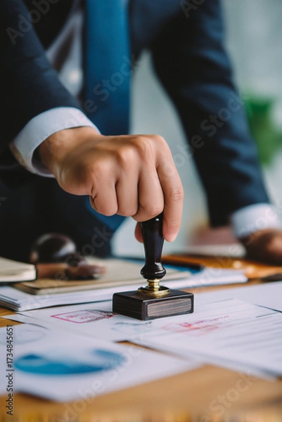 Fototapeta Official document stamping. Man in suit using seal. Approving applications and authenticating paperwork. Legal process and verification.