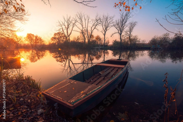 Obraz Amazing Hungary. Scenic sunset landscape with boat on the river in autumn. Sunset over the backwater in Gyor, Hungary.