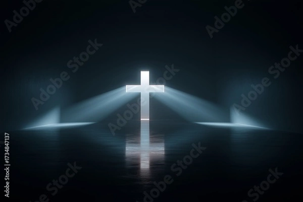 Fototapeta Glowing cross with rays of light shining in dark room