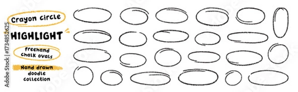 Obraz Crayon ovals doodle, freehand circle highlight. Chalk pencil ellipse frames, round shapes in sketch style. Hand drawn vector illustration isolated on white background