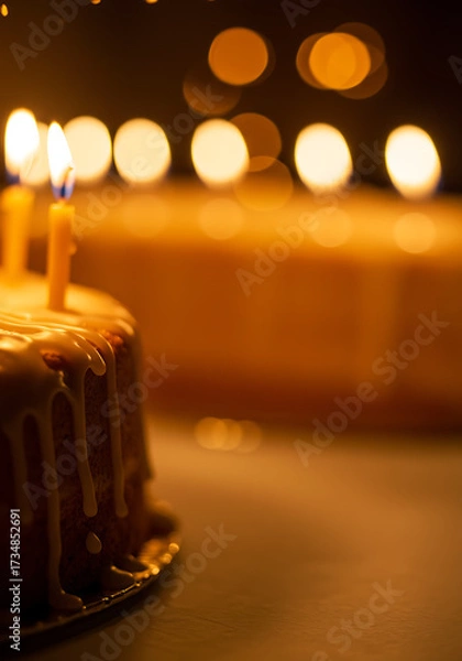 Fototapeta Birthday cake with lit candles in soft bokeh background  