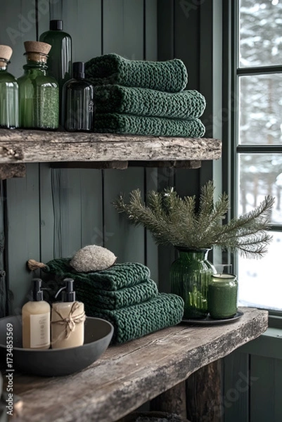 Obraz Rustic Bathroom Shelf with Green Knitted Towels and Glass Bottles