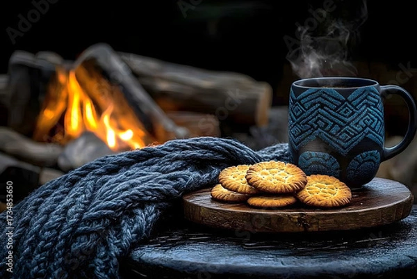 Obraz Rustic Mug and Cookies by Outdoor Fire