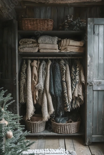 Obraz Rustic Wooden Wardrobe with Cozy Knit Sweaters