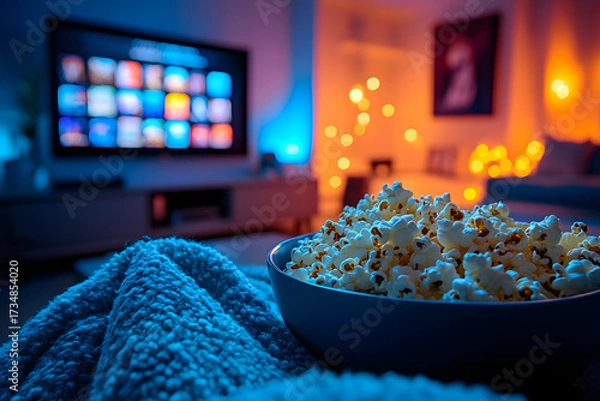 Obraz Cozy Movie Night With Popcorn And Streaming Television