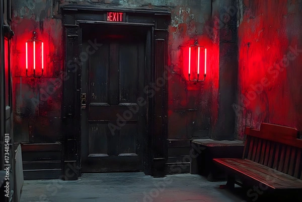 Obraz Dark Grunge Interior with Red Neon EXIT Sign
