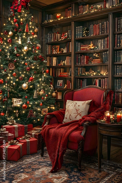 Obraz Elegant Christmas Library with Red Armchair and Decorated Tree