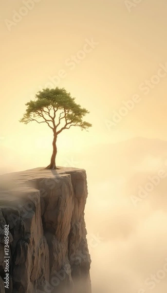 Fototapeta Solitary Tree Stands Resiliently on a Cliff Edge, Surrounded by a Misty and Golden Hued Atmosphere