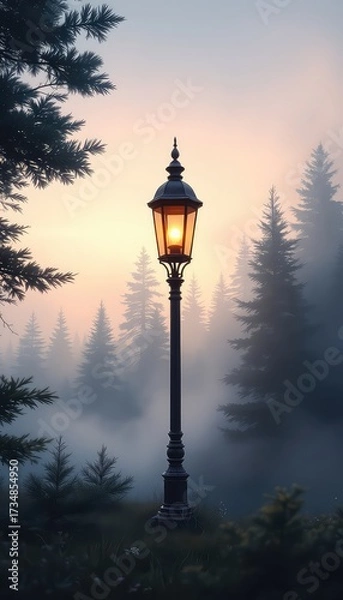 Fototapeta Illuminated lamp post emitting a warm glow in a misty forest landscape during a serene and tranquil morning atmosphere