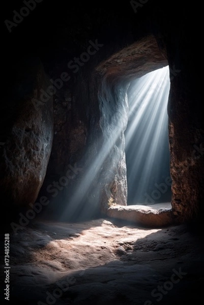 Fototapeta Sunlight shining through stone cave entrance with rays of light