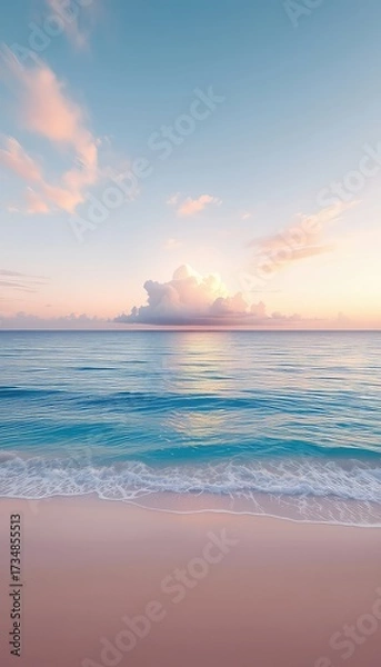 Fototapeta Idyllic seascape view features tranquil waters, soft pink sand, fluffy clouds, and a serene horizon at daybreak