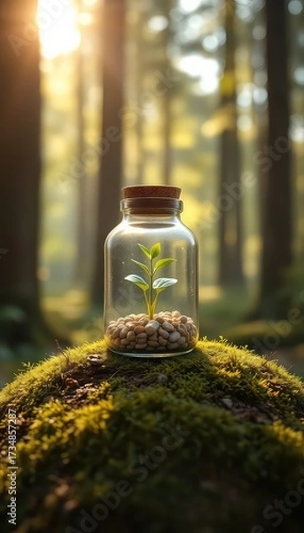 Fototapeta A Tiny Seedling Growing in Glass Jar with Pebbles Placed on Mossy Surface with Forest Backdrop