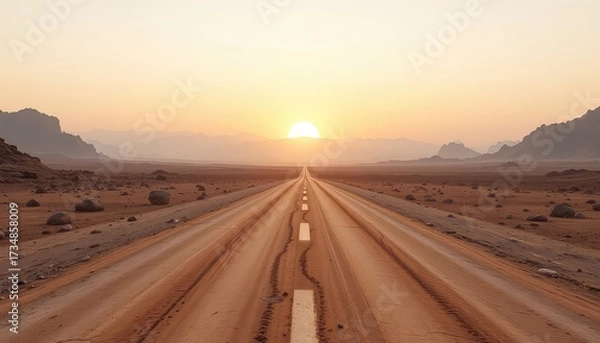 Fototapeta Road to nowhere disappearing into the horizon with a sun just peaking over a range of mountains in the distance