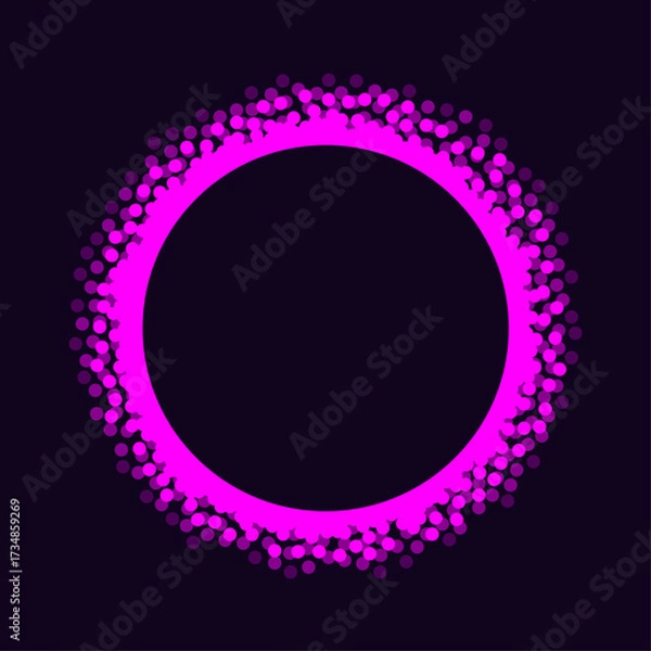 Fototapeta Vector glowing circle with scattered dots in bright neon pink on dark background. Abstract futuristic ring design for digital, cyberpunk, sci-fi, and modern graphic projects.