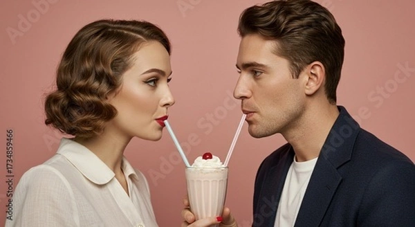 Fototapeta Retro Romance: A stylish couple shares a milkshake with straws, evoking a nostalgic mood and classic appeal in a studio setting.