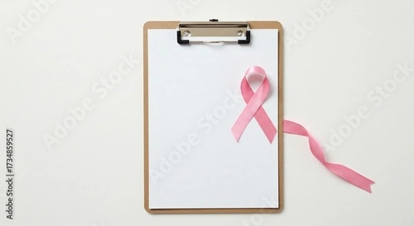 Fototapeta Pink ribbon on a clipboard with blank white paper. Awareness symbol for breast cancer isolated on a white backdrop. Simple and minimal - Pink October - breast cancer