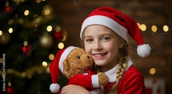 Fototapeta A cheerful girl in a Santa outfit smiles while holding a teddy bear, set against a backdrop of twinkling Christmas lights and tree.