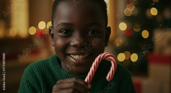 Fototapeta Smiling child holding a festive candy cane against a backdrop of bokeh lights. Happy holidays and a touch of sweetness!