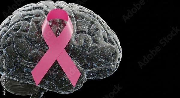 Fototapeta Pink ribbon on a brain model symbolizing awareness and support for neurological conditions or specific illnesses. - Pink October - breast cancer