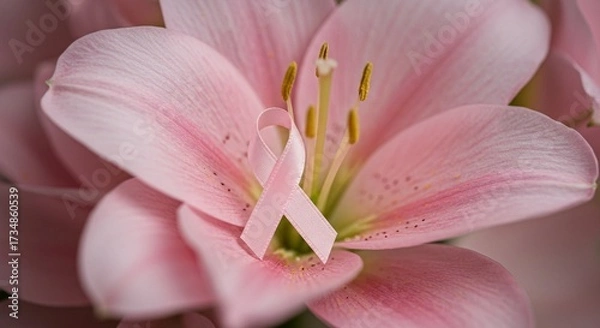 Fototapeta Close-up of a pink ribbon resting on a pink lily flower, symbolizing hope and support for an important cause. - Pink October - breast cancer