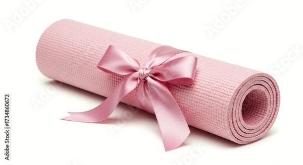 Fototapeta Rolled pink yoga mat tied with a satin pink ribbon, isolated on a white background, ready for exercise, relaxation, and fitness.