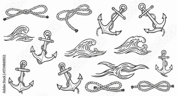 Fototapeta Detailed illustrations of nautical elements are depicted on a white background