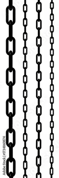 Fototapeta Heavy metal chains hanging vertically in various sizes and styles. Industrial strength hardware displaying raw metallic texture, perfect for construction, security, and strength concepts.
