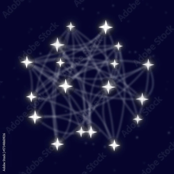 Fototapeta Luminous network of glowing blue nodes connected by bright lines forming constellation pattern against dark space. Futuristic visualization representing technology, connectivity, and data networks.
