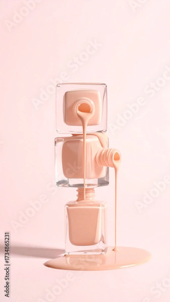 Fototapeta Three glass bottles of nude-colored nail polish stacked vertically. The arrangement showcases fluid motion, balance, symmetry. Minimalist background, soft lighting, beauty concept, modern aesthetic.