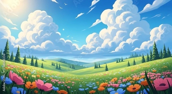 Obraz Beautiful summer meadow with colorful wildflowers, green hills and