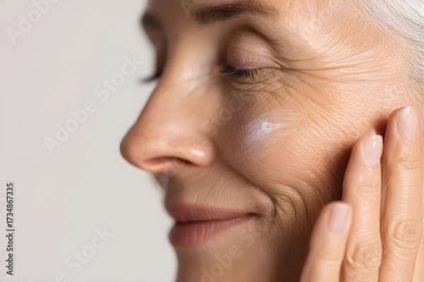 Obraz Woman applying face cream as part of daily skincare routine for hydration and beauty treatment with focus on healthy skin. Hands applying moisturizing cream on face. Anti-aging skin care