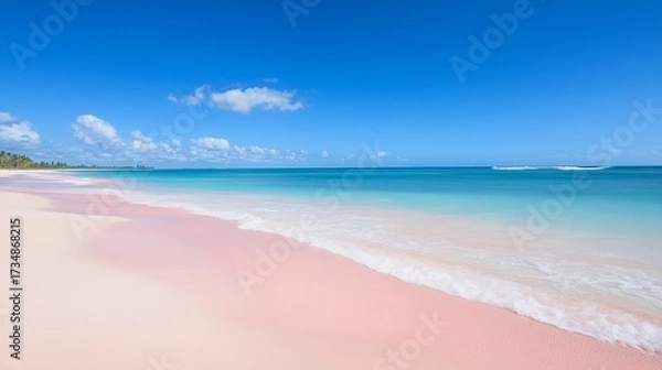 Obraz Tranquil pink sand beach with turquoise ocean and clear blue sky