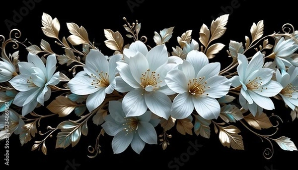 Obraz Elegant white and gold flowers with decorative leaves on a black
