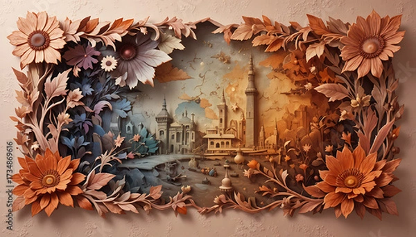 Obraz Fantasy city diorama in papercraft style with a floral frame.